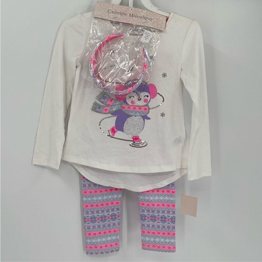 Catherine Malandrino‎ Outfit Set Top Legging Headband Girl Small 5/6 White Pink